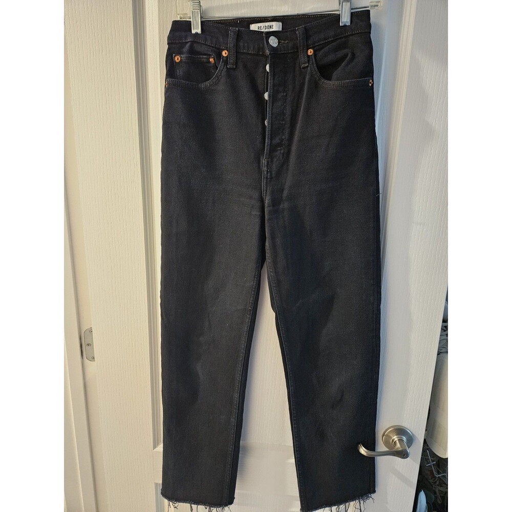 RE/DONE High Rise Straight Jeans Black Dark Wash Raw Hem 27